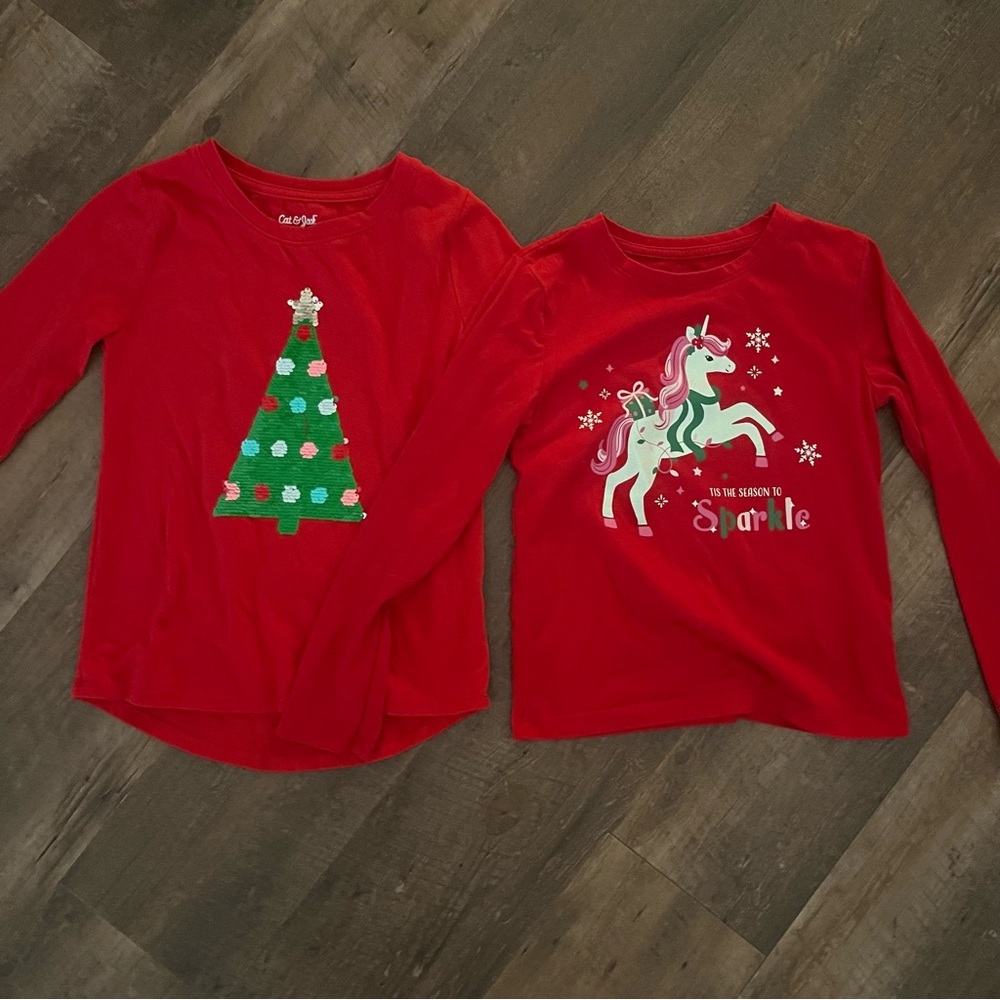 Red Holiday Unicorn and Tree Long Sleeve Tees